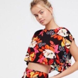 Free People Floral Sundown Printed Side Tie Crop Top Size S EUC